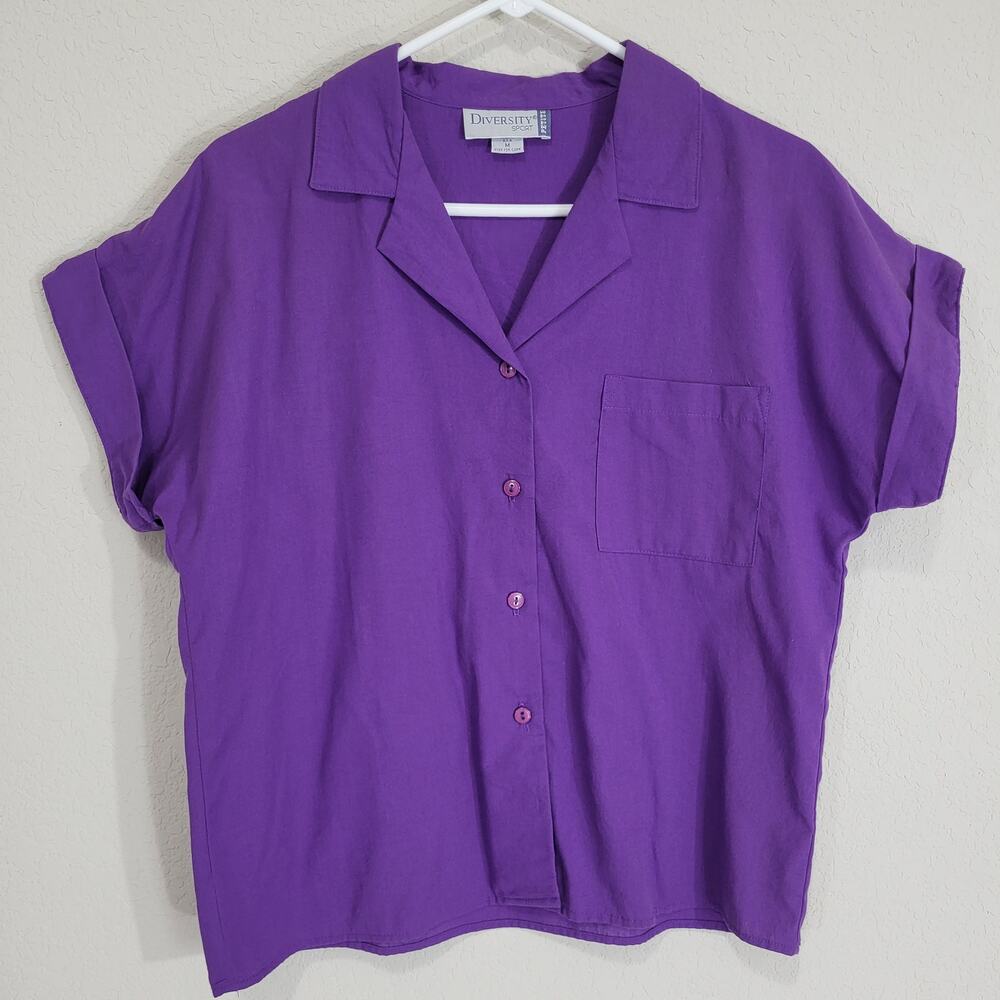Vintage 90s Short Sleeve Shirt Diversity Sport Women Medium Petite Casual Purple
